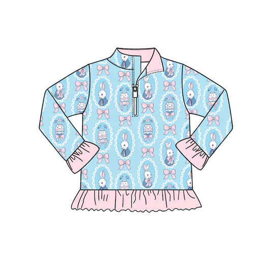 Preorder (moq 5) Baby Girl Clothes Easter Egg Bunny Bow Frame Allover Print Long Sleeve Quarter Zip Ruffle Hem Top
