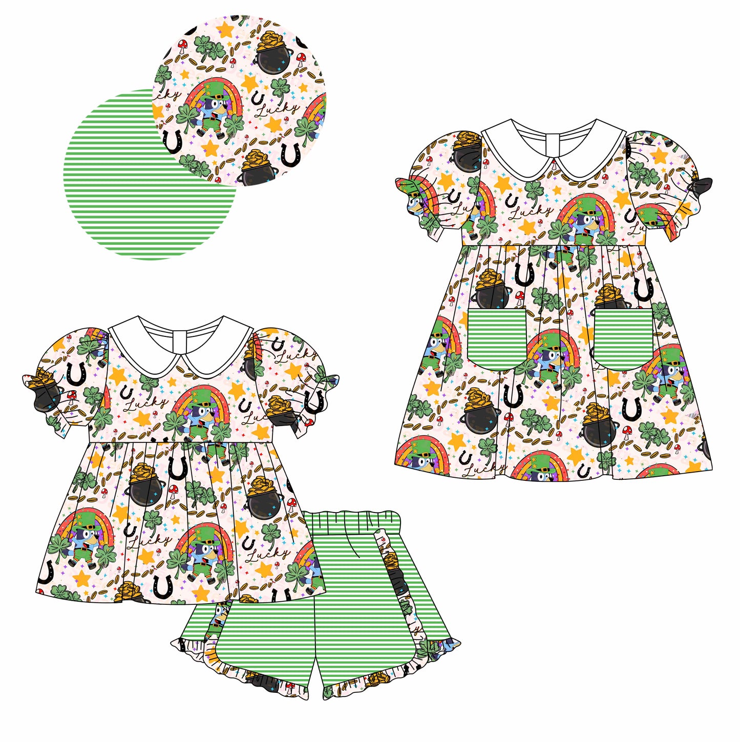 Preorder(moq 5 each) Baby Girls St Patrick Day Dog Quatrefoil Dress Sets