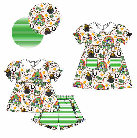 Preorder(moq 5 each) Baby Girls St Patrick Day Dog Quatrefoil Dress Sets