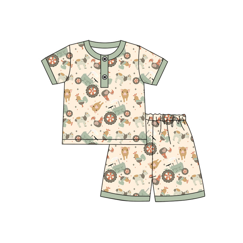 Preorder (moq 5)Baby Boys Green Short Sleeves Button Chicks Pigs Top Shorts Farm Pajamas Set