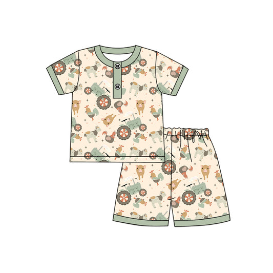 Preorder (moq 5)Baby Boys Green Short Sleeves Button Chicks Pigs Top Shorts Farm Pajamas Set