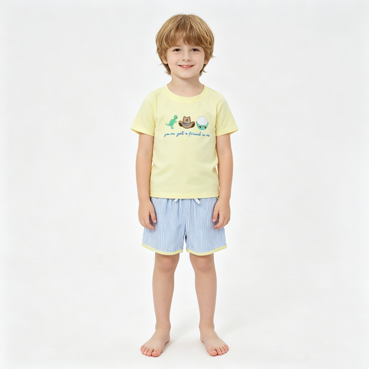 Embroidery Dinosaur Hats Baby Boys Top Pockets Stripe Short Clothes Sets