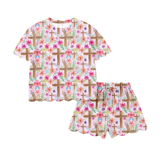 Preorder (moq 5)Baby Girls Colorful Flowers Crosses Top Scallop Shorts Easter Clothes Sets