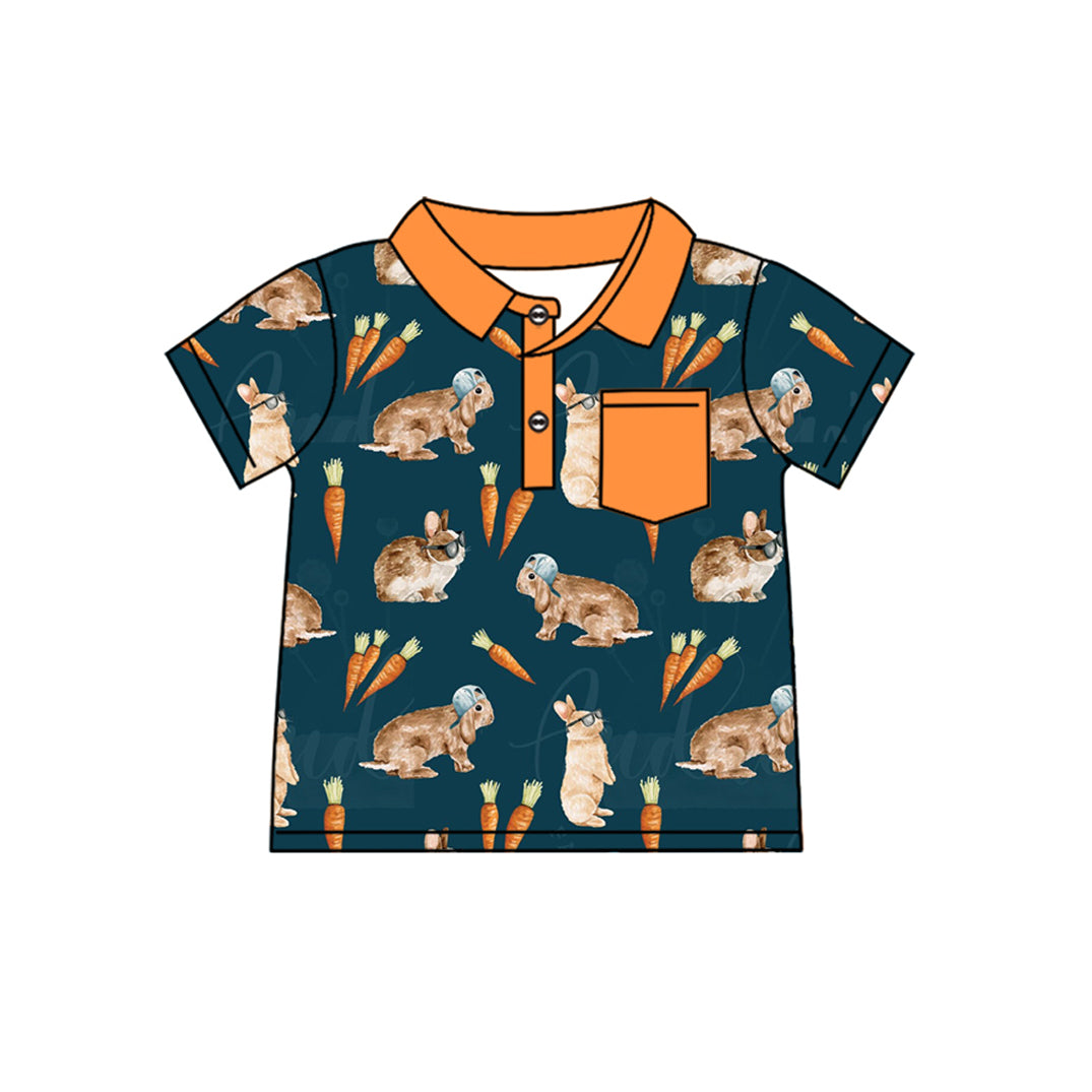 Preorder(MOQ 5)Baby Boys Easter Rabbit Pocket Short Sleeve Pullovers Tops