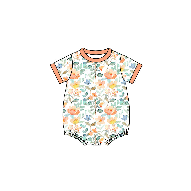 Preorder (moq 5)Baby Girls Orange Colorful Flowers Short Sleeve Rompers