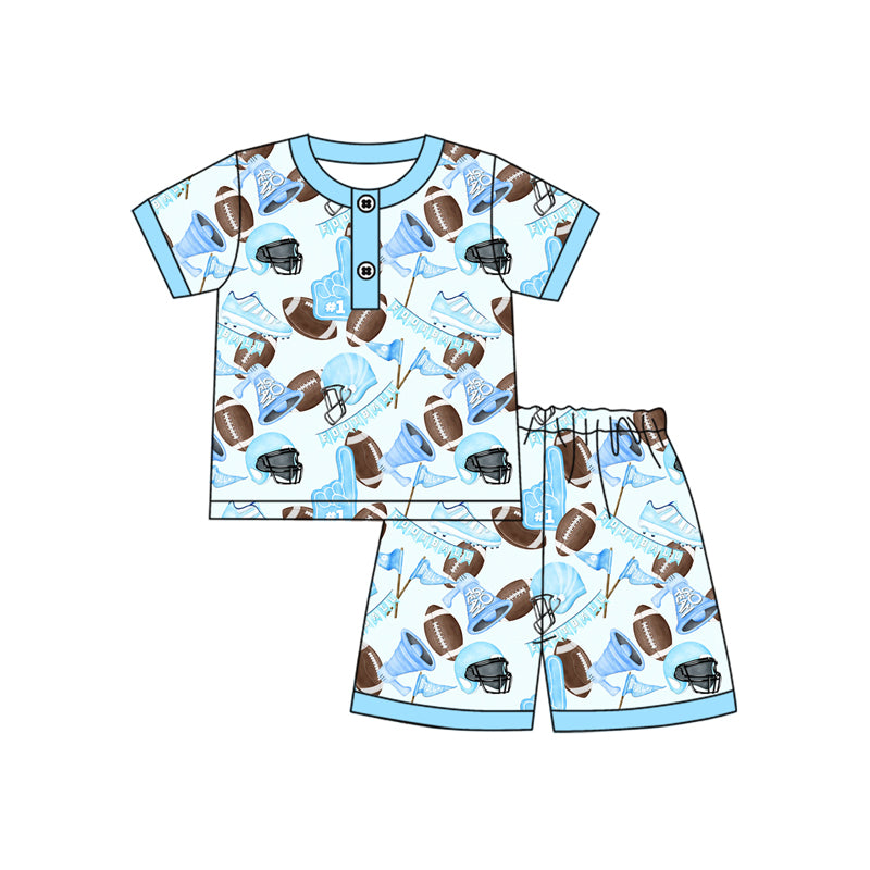 Preorder (moq 5)Baby Boys Blue Short Sleeves Button Footballs Flags Top Short Pajamas Set