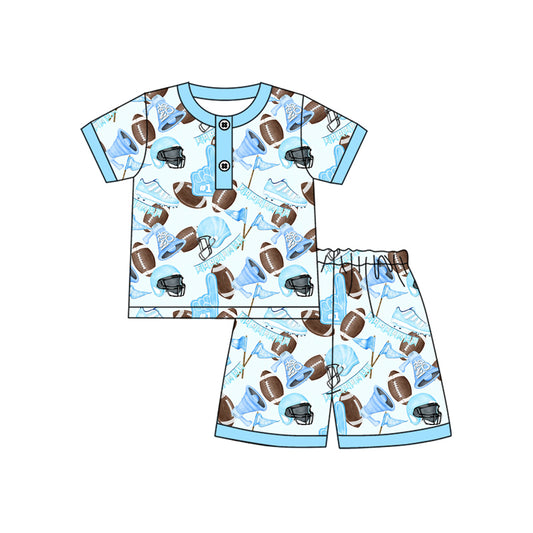 Preorder (moq 5)Baby Boys Blue Short Sleeves Button Footballs Flags Top Short Pajamas Set
