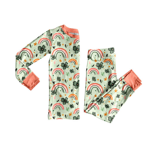 Preorder (moq 5)Baby Girls Clovers Rainbows Top Pants St Patrick Pajamas Sets