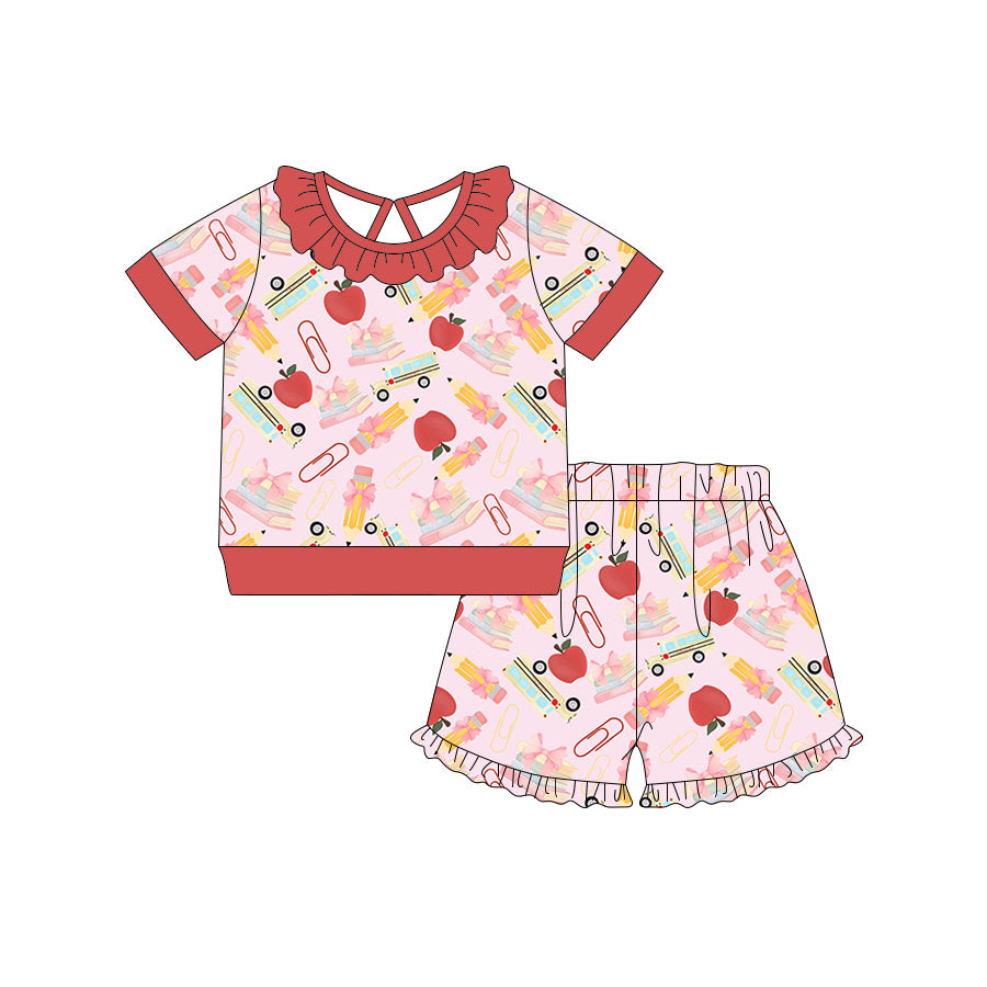 Preorder (moq 5)Baby Girls Pencils Apples Top Ruffle Shorts Back to School Clothes Set