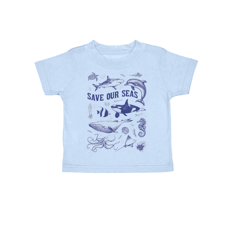 Preorder (moq 5)Baby Kids Blue Short Sleeves Save Our Seas Tee Shirts Top