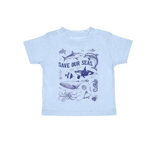 Preorder (moq 5)Baby Kids Blue Short Sleeves Save Our Seas Tee Shirts Top