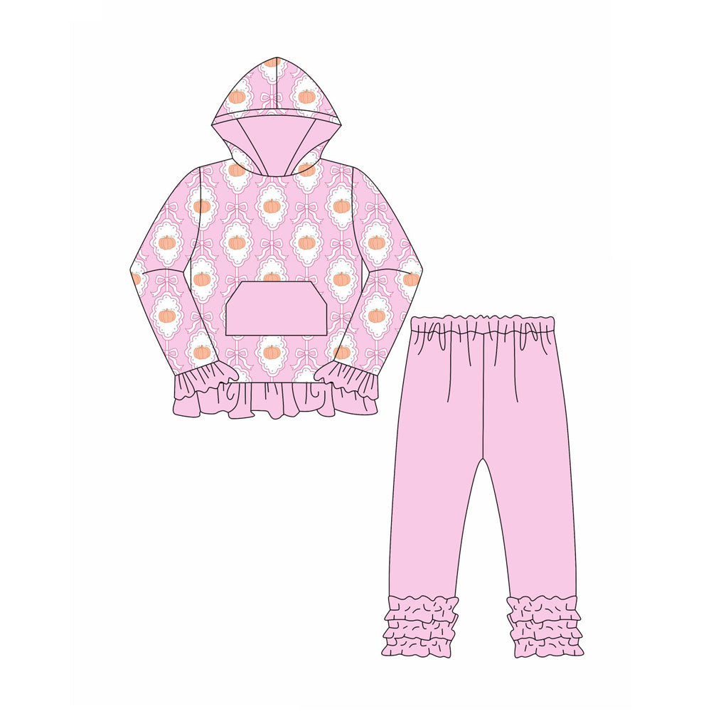 Preorder (moq 5)Baby Girls Bows Pumpkins Pocket Hoodie Ruffle Leggings Fall Clothes Sets