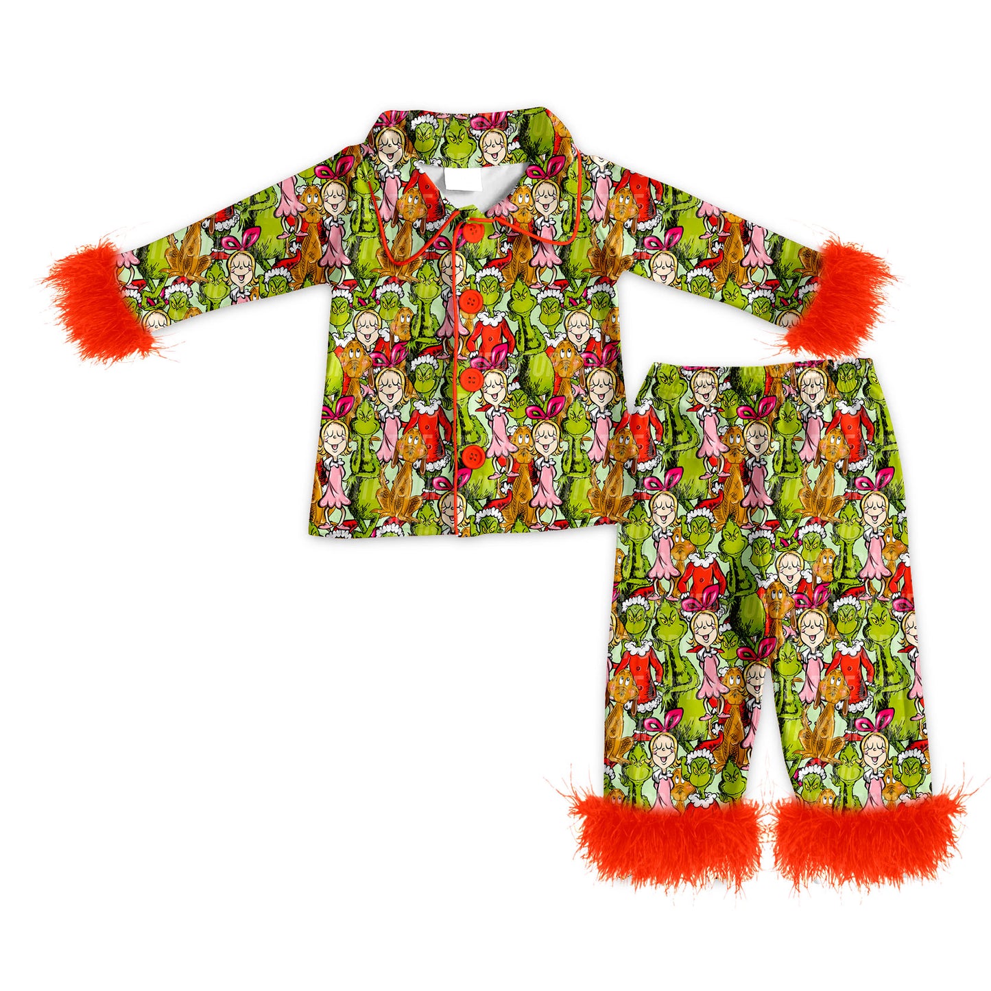 Preorder (moq 5)Baby Girls Green Faces Miss Button Top Pants Christmas Fur Pajamas Set
