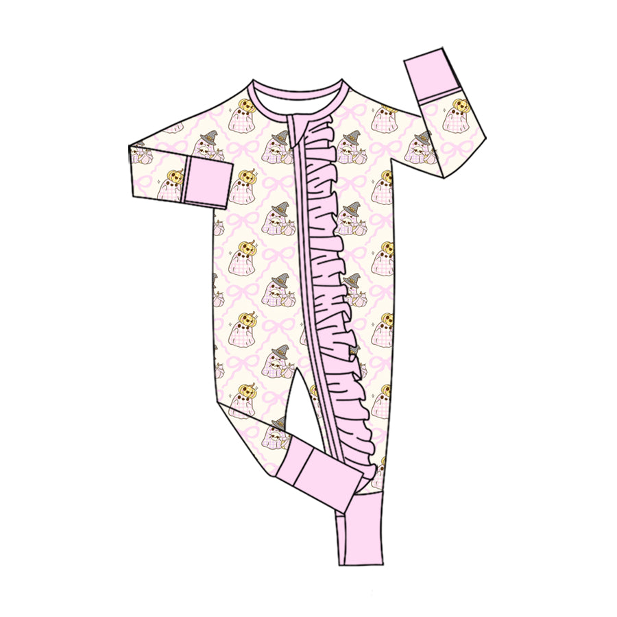 Preorder (moq 5)Baby Girls Bows Ghost Pumpkins Halloween Two Way Ruffle Zip Convertible Rompers