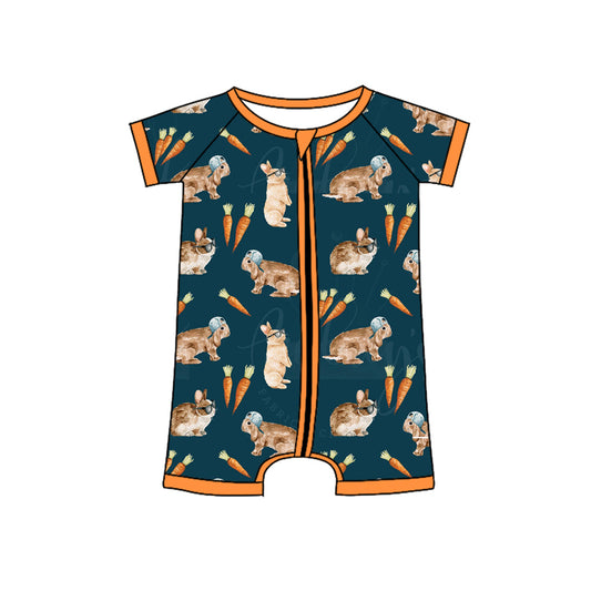 Preorder(moq 5)Baby Infant Boys Easter Rabbits Carrots Zip Short Sleeve Rompers