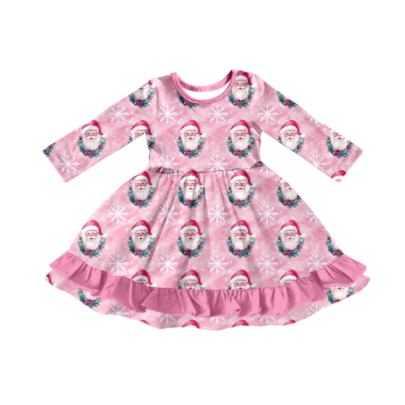 Preorder (moq 5)Baby Girls Pink Santa Snowflake Christmas Ruffle Knee Length Dresses