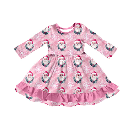 Preorder (moq 5)Baby Girls Pink Santa Snowflake Christmas Ruffle Knee Length Dresses