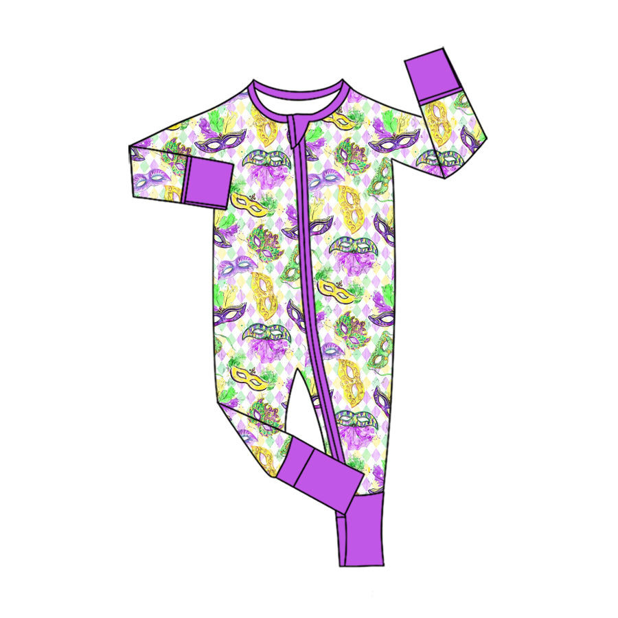 Preorder (moq 5) Baby Girl Clothes Mardi Gras Diamond Mask Print Long Sleeve Zipper Romper Pajama
