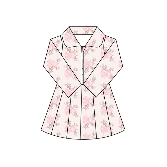 Preorder (moq 5)Baby Girls Long Sleeves Pink Bows Flowers Plaid Zipper Knee Length Dresses