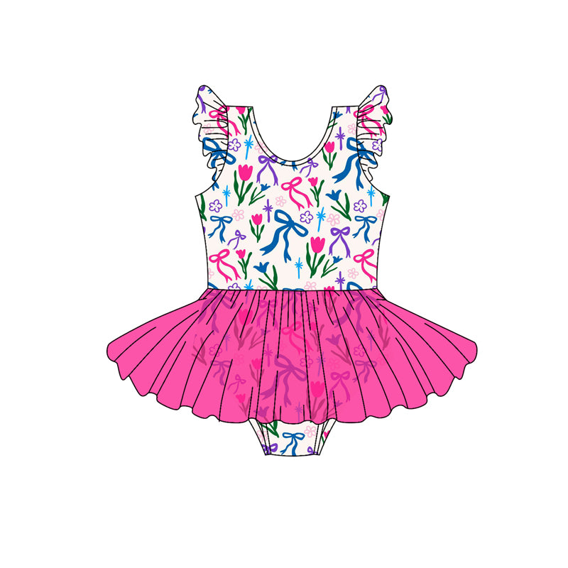 Preorder (moq 5)Baby Girls Pink Flutter Sleeves Colorful Bows Floral Tulle Rompers