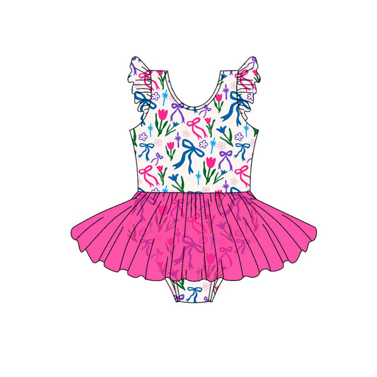 Preorder (moq 5)Baby Girls Pink Flutter Sleeves Colorful Bows Floral Tulle Rompers