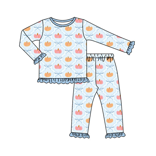 Preorder (moq 5)Baby Girls Blue Long Ruffle Sleeves Bows Pumpkins Plaid Top Pant Pajamas Set