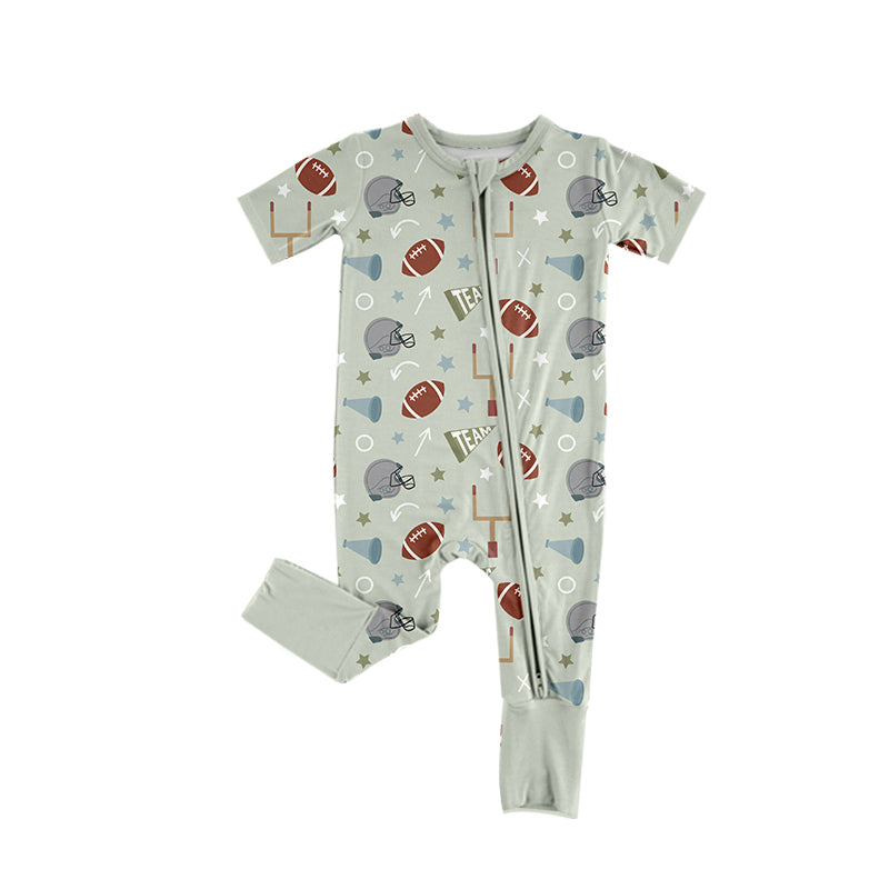 Preorder (moq 5)Baby Boys Gray Short Sleeves Cheer Footballs Zipper Rompers