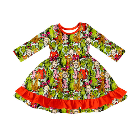 Preorder (moq 5)Baby Girls Green Faces Miss Christmas Ruffle Knee Length Dresses