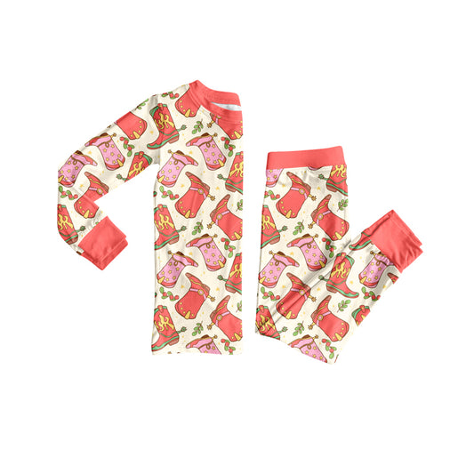Preorder (moq 5)Baby Girls Long Sleeves Pink Flower Boots Top Pant Pajamas Set
