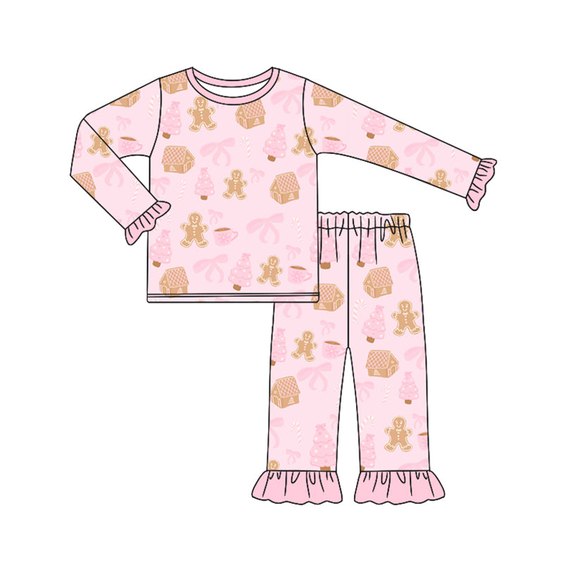 Preorder (moq 5)Baby Girls Long Ruffle Sleeves Pink Bows Gingerbread Top Pant Pajamas Sets
