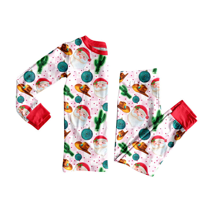 Preorder (moq 20)Baby Girls Bamboo Pink Checked Hats Lights Santa Christmas Pajamas Sets