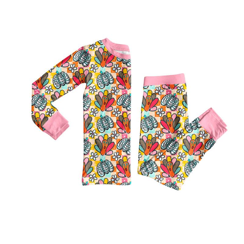 Preorder (moq 5)Baby Girls Long Sleeves Plaid Flower Turkey Top Pant Pajamas Clothes Set