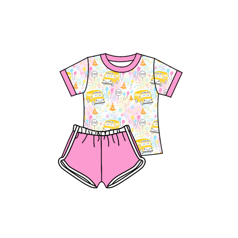 Preorder (moq 5)Baby Girls Short Sleeves School Bus Balloons Top Pink Shorts Set