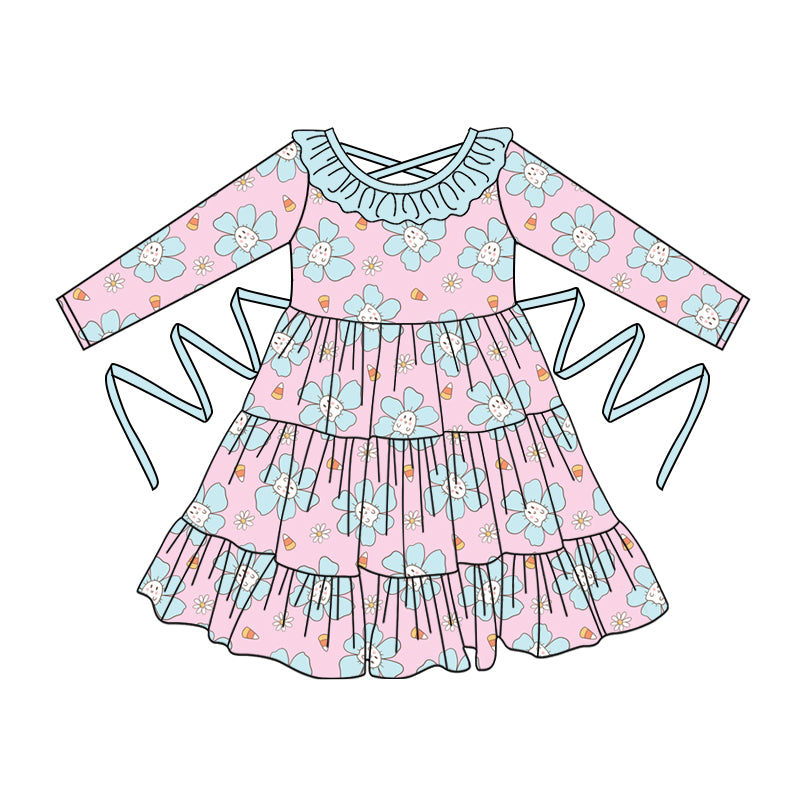 Preorder moq 5 Baby Girls Pink Long Sleeves Blue Flowers With Belt Ruffle Knee Length Dresses