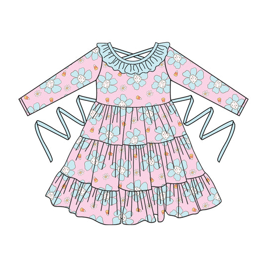 Preorder moq 5 Baby Girls Pink Long Sleeves Blue Flowers With Belt Ruffle Knee Length Dresses