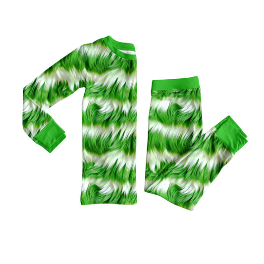 Preorder(moq 5) Baby Girls Long Sleeves Green White Fur Print Top Pants Pajamas Set