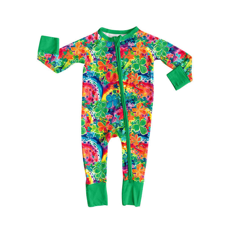 Preorder (moq 5)Baby Girls Long Sleeve Colorful Clover Flowers St Patrick Zipper Footie Rompers