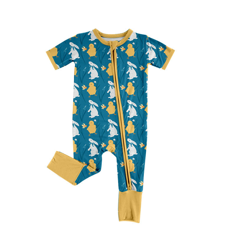 Preorder (moq 5) Baby Girl Clothes Bunny Chick Daffodil Allover Print Short Sleeve Zip Romper Jumpsuit