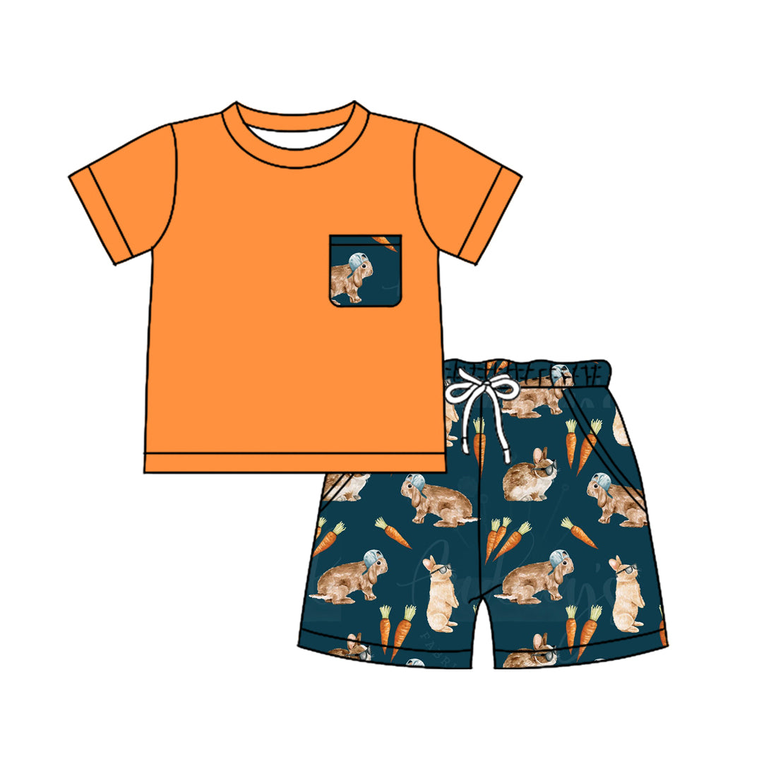 Preorder (moq 5)Baby Boys Easter Orange Pocket Top Rabbits Shorts Clothes Sets