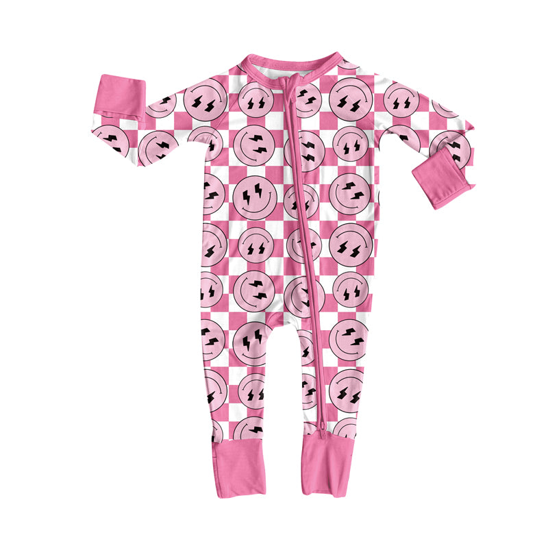 Preorder(moq 5)Baby Infant Western Pink Checkered Smiles Zipper Footie Rompers