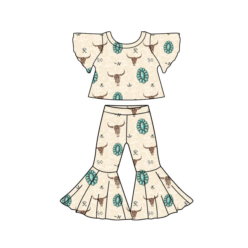 Preorder (moq 5)Baby Girls Bell Sleeve Turquoise Cows Top Bell Bottom Pant Western Clothes Sets