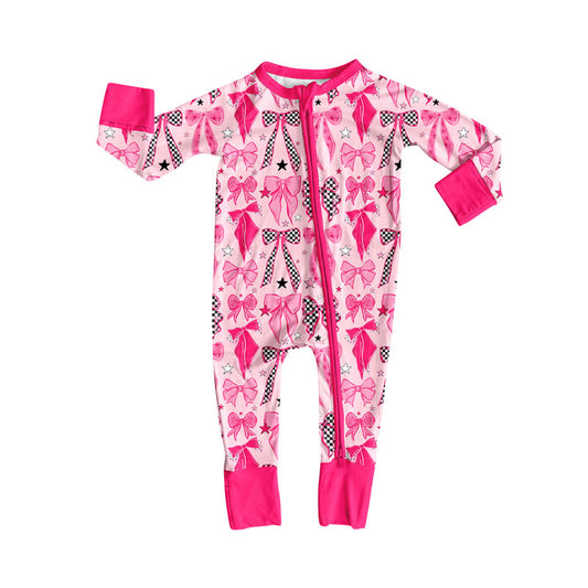Preorder (moq 8)Baby Girls Pink Stars Bows Valentine Zipper Footie Rompers