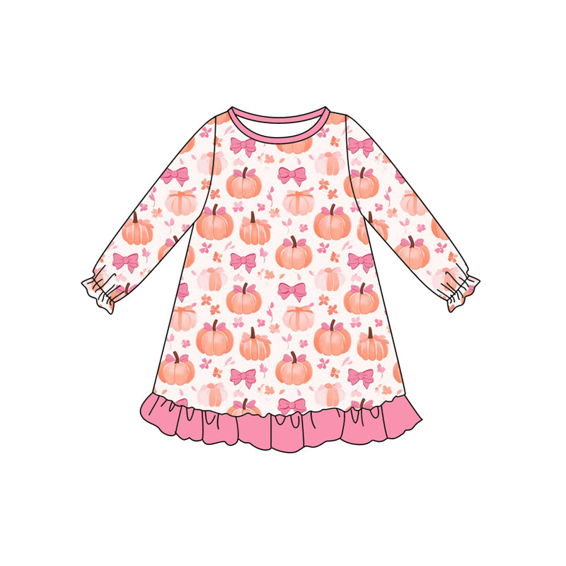 Preorder (moq 5)Baby Girls Long Ruffle Sleeves Pink Bows Pumpkins Knee Length Dresses