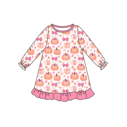 Preorder (moq 5)Baby Girls Long Ruffle Sleeves Pink Bows Pumpkins Knee Length Dresses