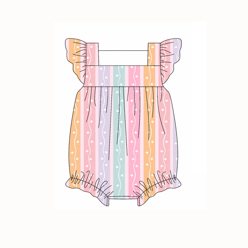 Preorder moq 5 Baby Girls Flutter Sleeves Rainbow Stripe Stars Ruffle Rompers