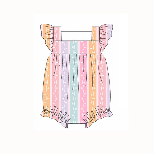 Preorder moq 5 Baby Girls Flutter Sleeves Rainbow Stripe Stars Ruffle Rompers