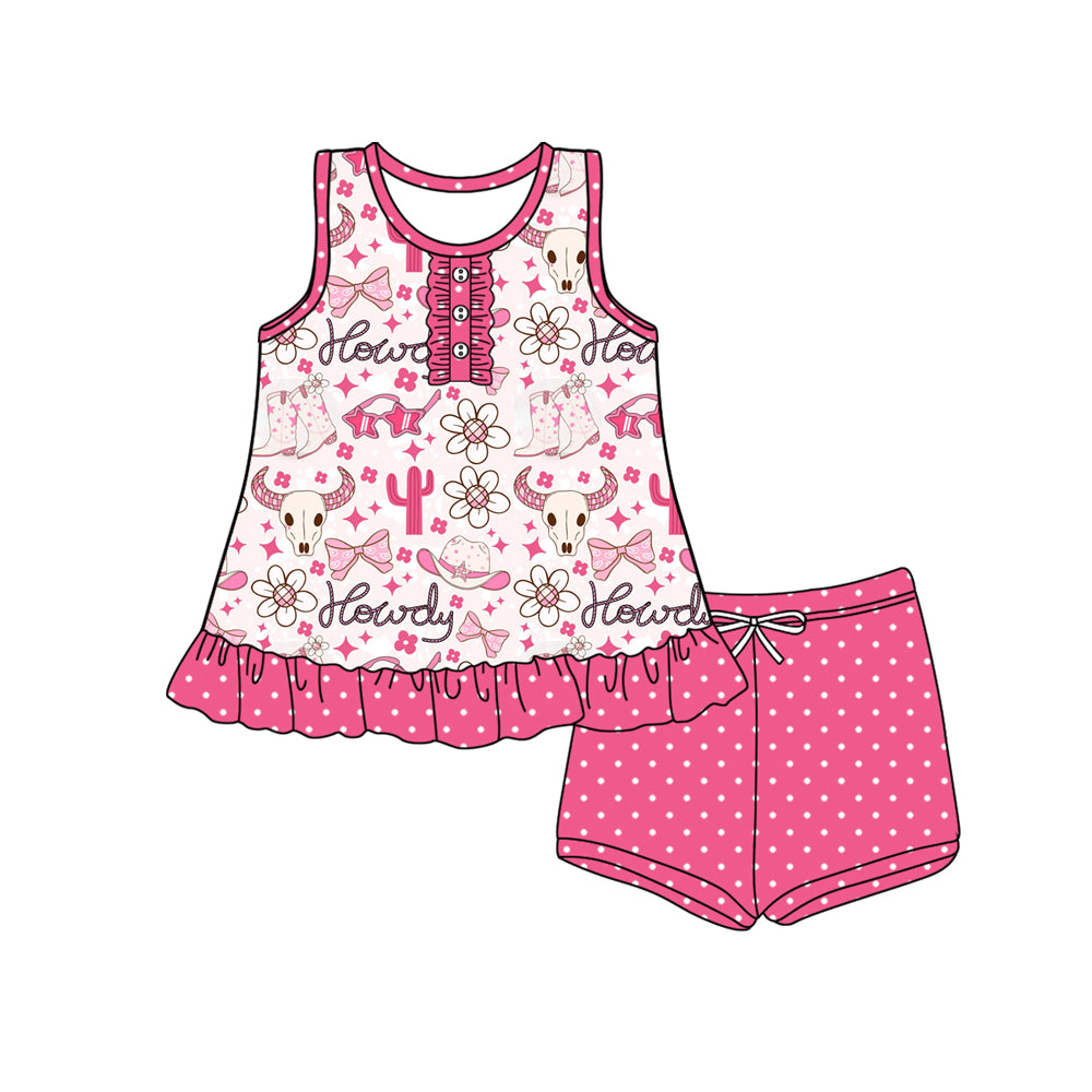 Preorder (moq 5)Baby Girls Sleeveless Bull Skull Flowers Button Vest Top Polka Dots Shorts Set