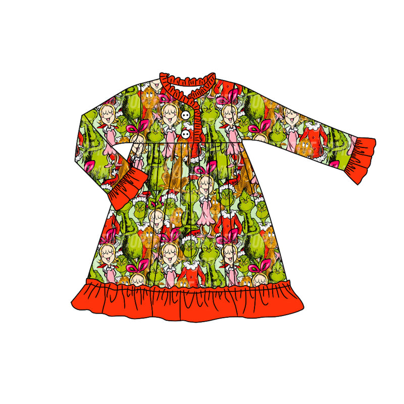 Preorder (moq 5)Baby Girls Green Faces Miss Christmas Button Ruffle Knee Length Dresses