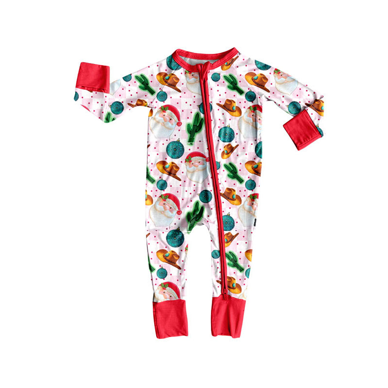 Preorder (moq 20)Baby Girls Bamboo Pink Checked Lights Santa Christmas Zippy Footie Rompers