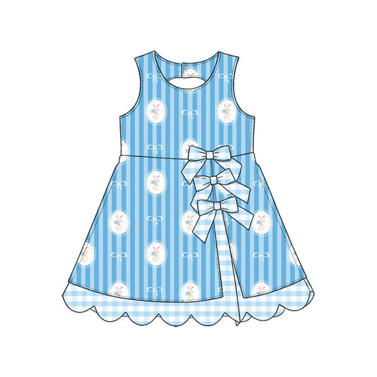 Preorder (moq 5) Baby Girl Clothes Easter Bunny Circle Bow Blue Stripe Print Sleeveless Bow Scallop Hem Boutique Dress